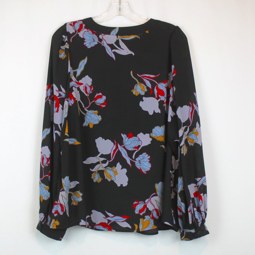 Who What Wear Large Black Floral Sheer Button Down Long Sleeve Blouse - Picture 2 of 12
